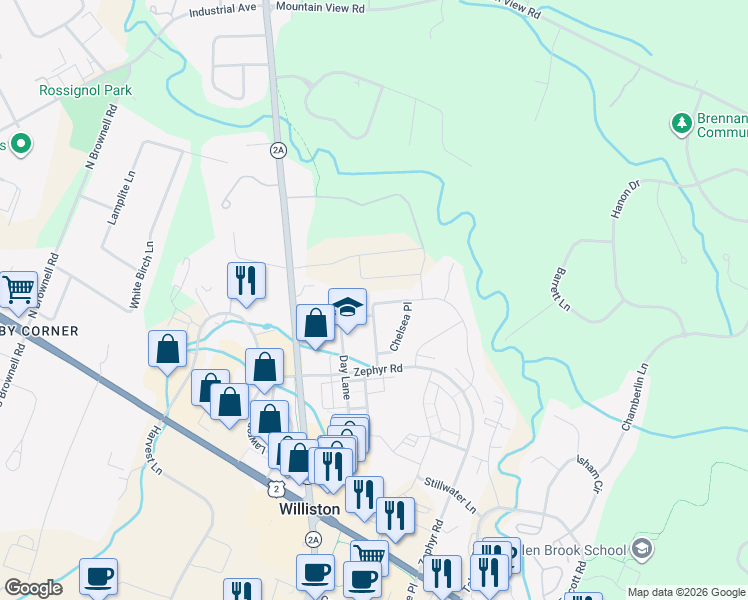 map of restaurants, bars, coffee shops, grocery stores, and more near 100 Chelsea Place in Williston