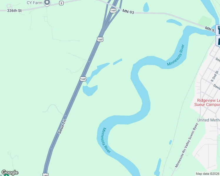 map of restaurants, bars, coffee shops, grocery stores, and more near Highway 169 in Le Sueur