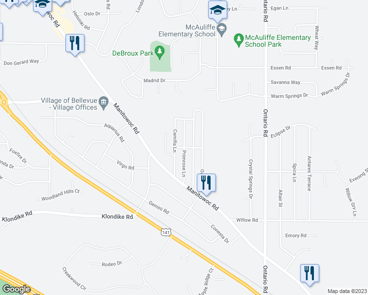 map of restaurants, bars, coffee shops, grocery stores, and more near Primrose Lane in Bellevue