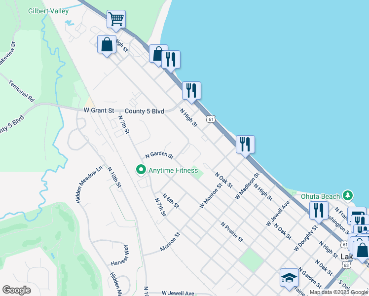 map of restaurants, bars, coffee shops, grocery stores, and more near 1122 North Oak Street in Lake City