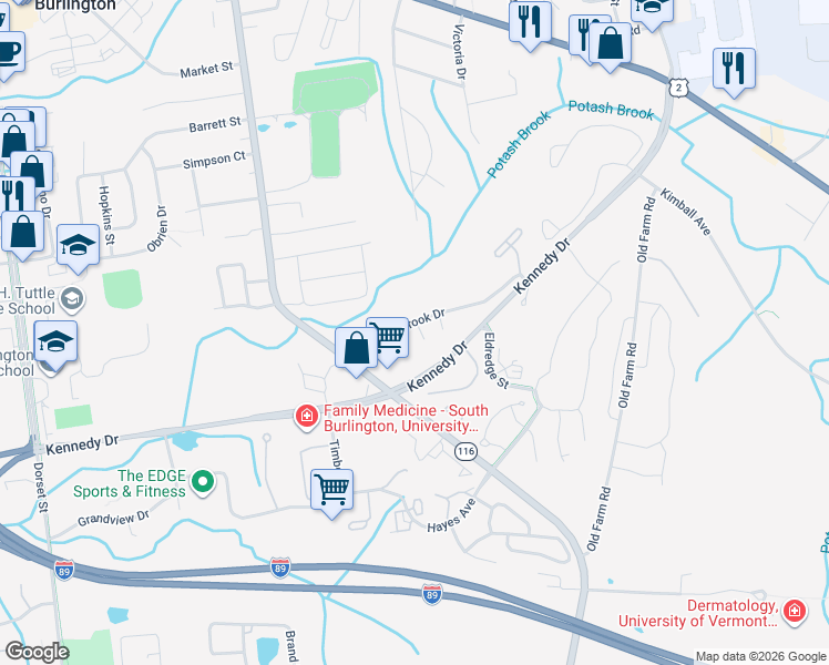map of restaurants, bars, coffee shops, grocery stores, and more near 140 Kennedy Drive in South Burlington