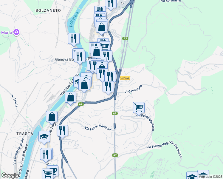 map of restaurants, bars, coffee shops, grocery stores, and more near 1C Via Geminiano in Genova