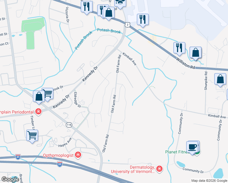 map of restaurants, bars, coffee shops, grocery stores, and more near 200-724 Old Farm Road in South Burlington