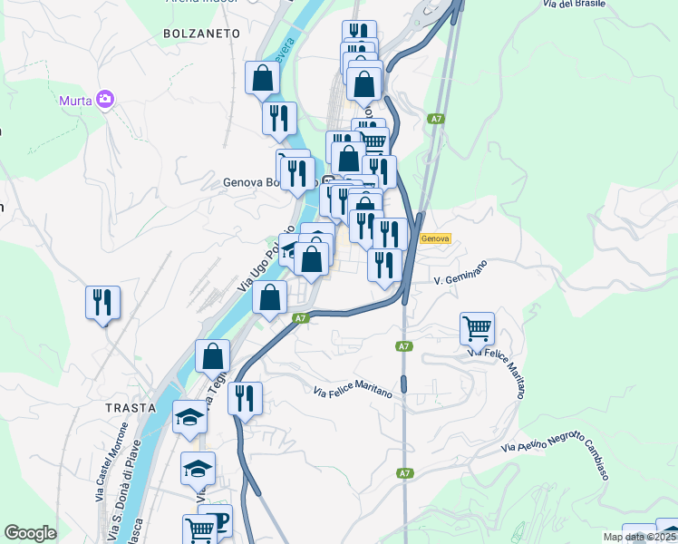 map of restaurants, bars, coffee shops, grocery stores, and more near 56 Via Giro del Vento in Genova