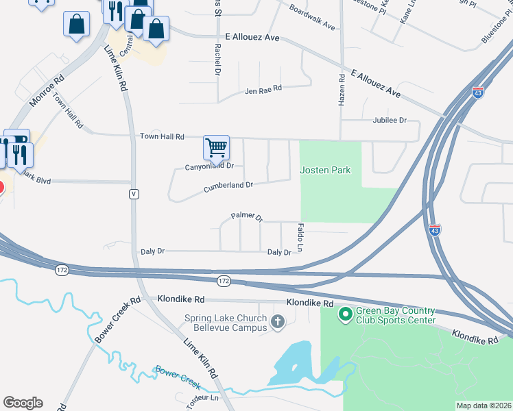 map of restaurants, bars, coffee shops, grocery stores, and more near 2504 Trevino Drive in Green Bay