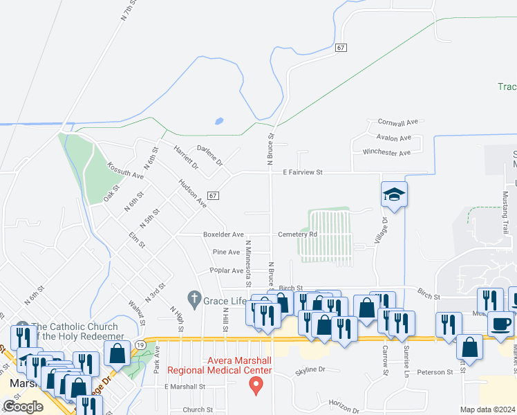 map of restaurants, bars, coffee shops, grocery stores, and more near 1008 Dano Circle in Marshall