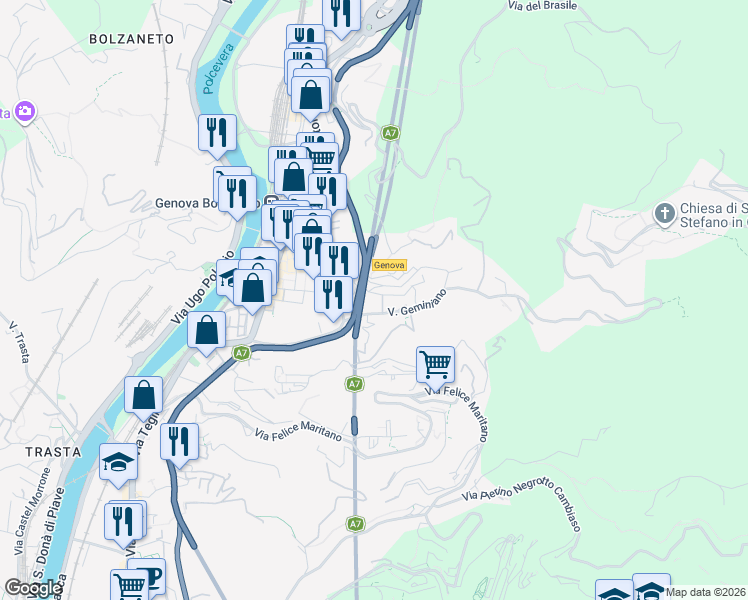 map of restaurants, bars, coffee shops, grocery stores, and more near 1C Via Geminiano in Genova