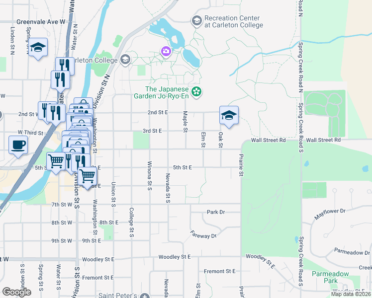 map of restaurants, bars, coffee shops, grocery stores, and more near 520 Maple Brook Court in Northfield
