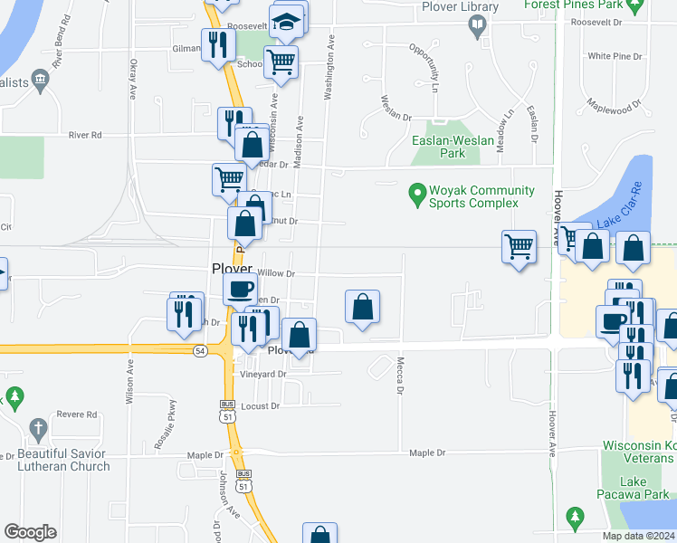 map of restaurants, bars, coffee shops, grocery stores, and more near 2450 Willow Drive in Plover