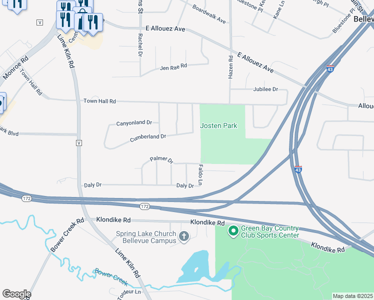 map of restaurants, bars, coffee shops, grocery stores, and more near 2222 Cumberland Drive in Green Bay