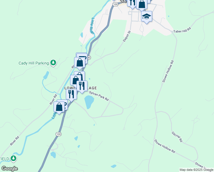 map of restaurants, bars, coffee shops, grocery stores, and more near 144 Sylvan Woods Drive in Stowe