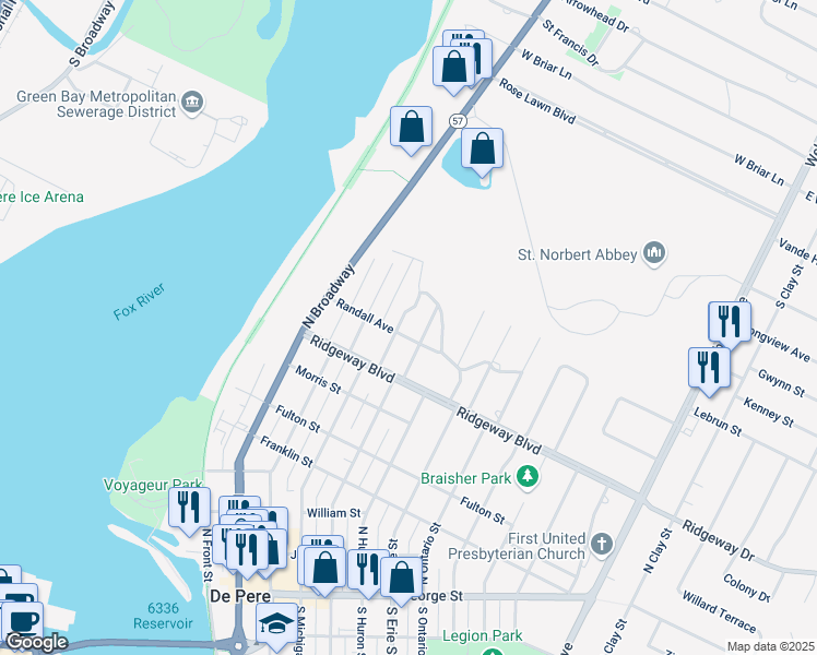 map of restaurants, bars, coffee shops, grocery stores, and more near 605 Randall Avenue in De Pere