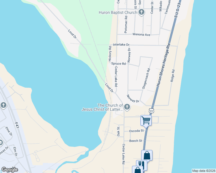 map of restaurants, bars, coffee shops, grocery stores, and more near 6034 Loud Drive in Oscoda