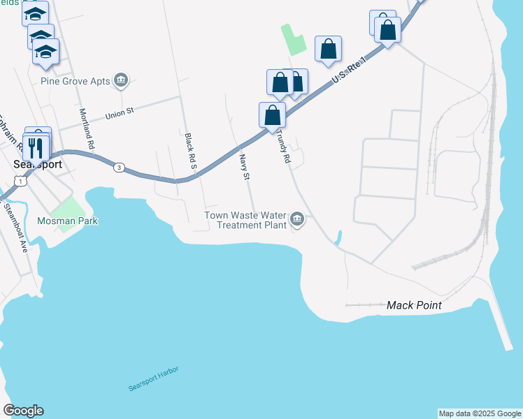 map of restaurants, bars, coffee shops, grocery stores, and more near 28 Navy Street in Searsport