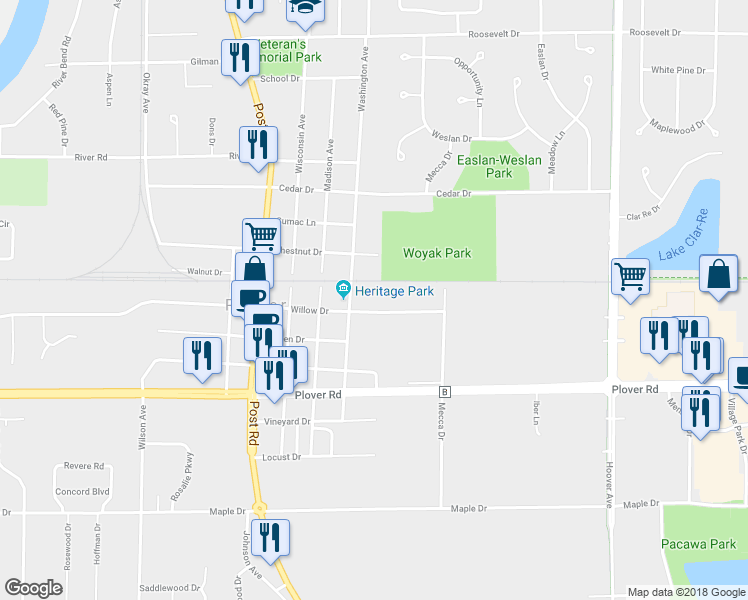 map of restaurants, bars, coffee shops, grocery stores, and more near 2610 Washington Avenue in Plover