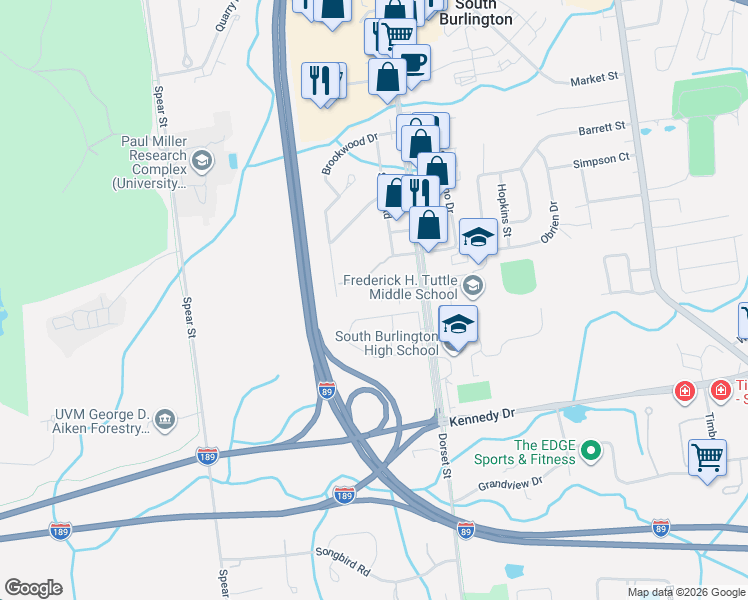 map of restaurants, bars, coffee shops, grocery stores, and more near 74C Aspen Drive in South Burlington