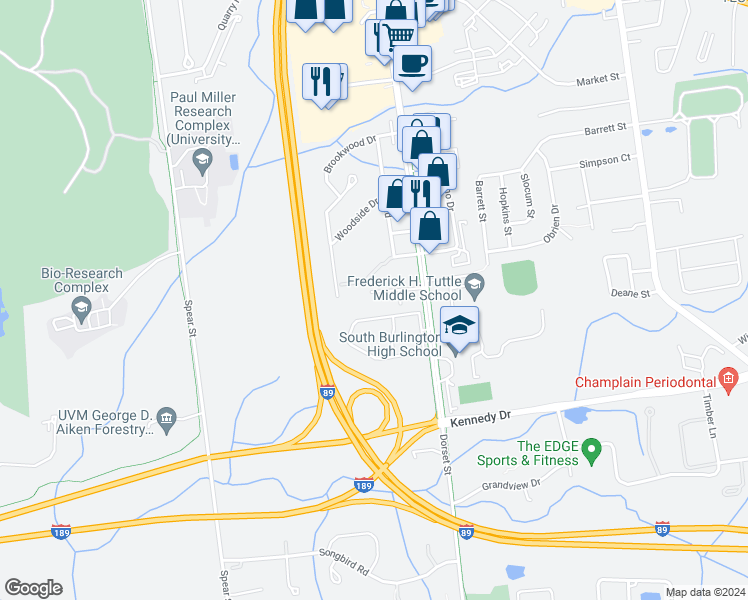 map of restaurants, bars, coffee shops, grocery stores, and more near 74C Aspen Drive in South Burlington