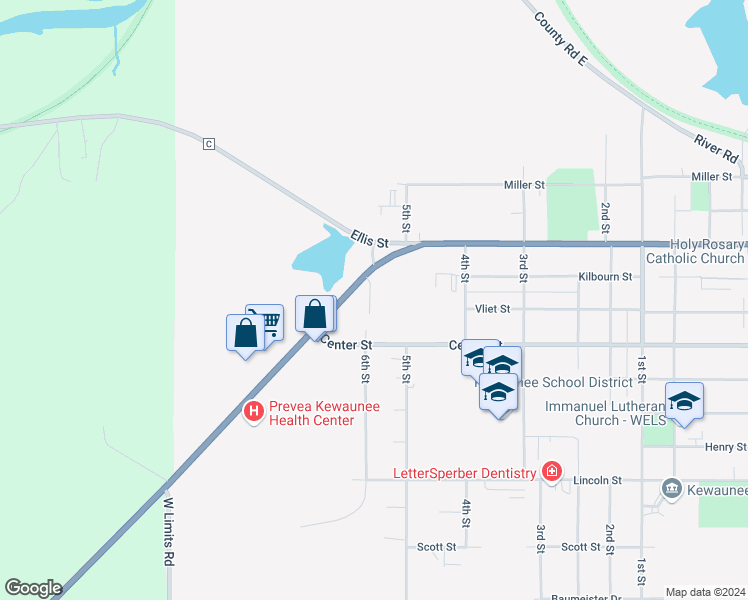 map of restaurants, bars, coffee shops, grocery stores, and more near 694 Marquette Drive in Kewaunee