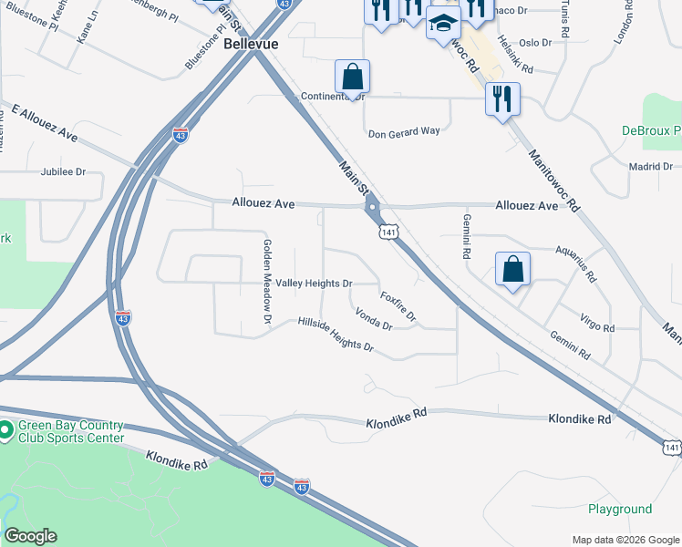 map of restaurants, bars, coffee shops, grocery stores, and more near 2421 Meadow Park Drive in Green Bay