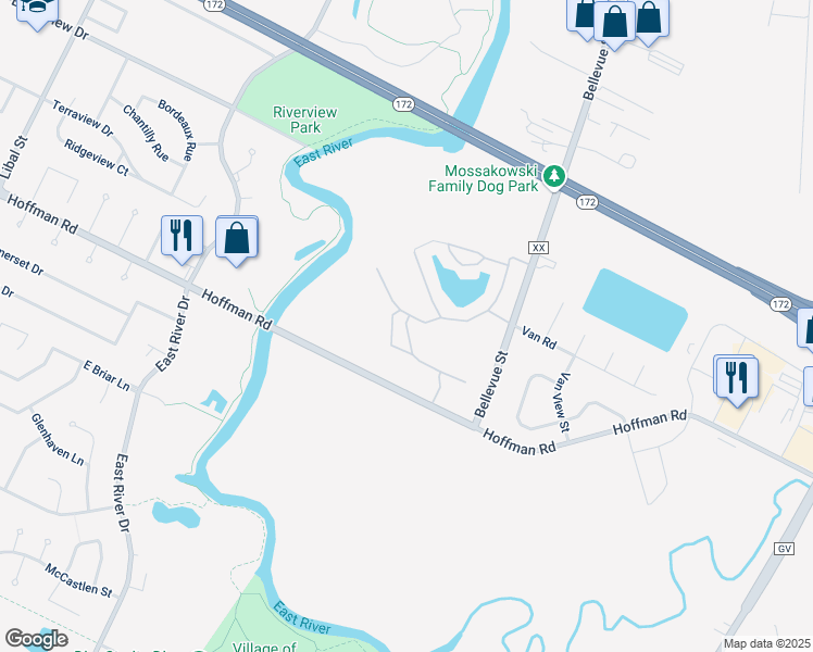 map of restaurants, bars, coffee shops, grocery stores, and more near 2526 Bellevue Street in Green Bay