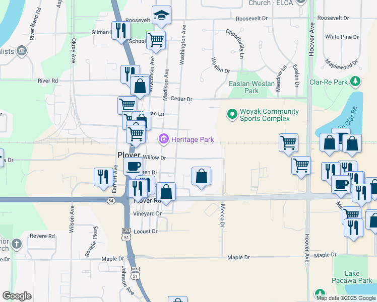 map of restaurants, bars, coffee shops, grocery stores, and more near 2710 Washington Avenue in Plover