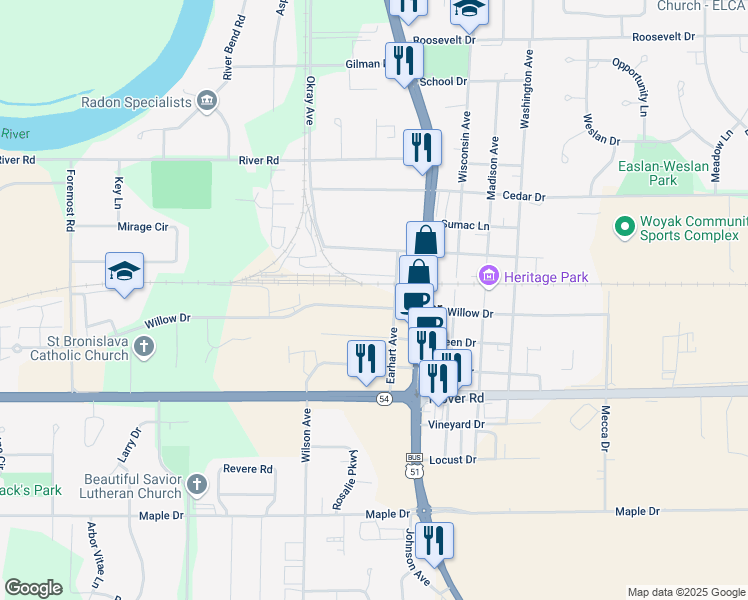 map of restaurants, bars, coffee shops, grocery stores, and more near 2811 Walnut Drive in Plover