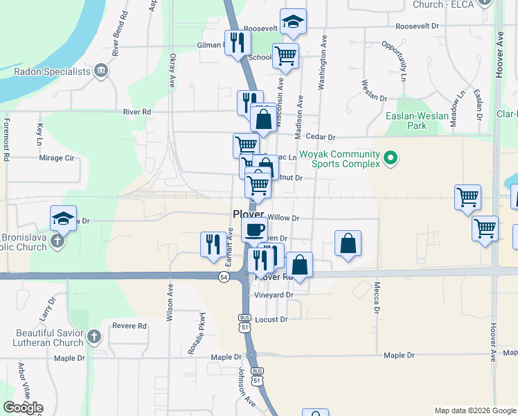 map of restaurants, bars, coffee shops, grocery stores, and more near in Plover