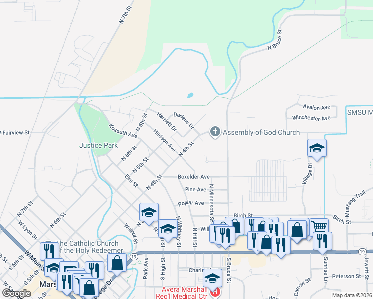 map of restaurants, bars, coffee shops, grocery stores, and more near 1006 North 4th Street in Marshall