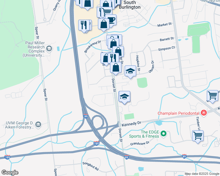 map of restaurants, bars, coffee shops, grocery stores, and more near 25 Town Square Drive in South Burlington