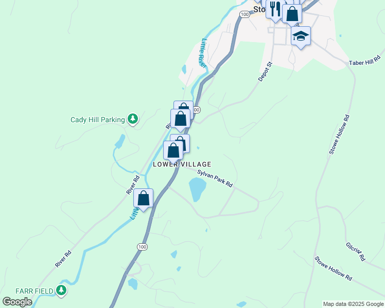 map of restaurants, bars, coffee shops, grocery stores, and more near 709 South Main Street in Stowe