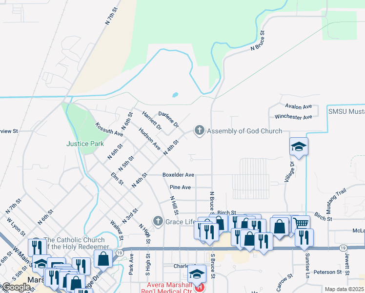 map of restaurants, bars, coffee shops, grocery stores, and more near 1006 North 4th Street in Marshall