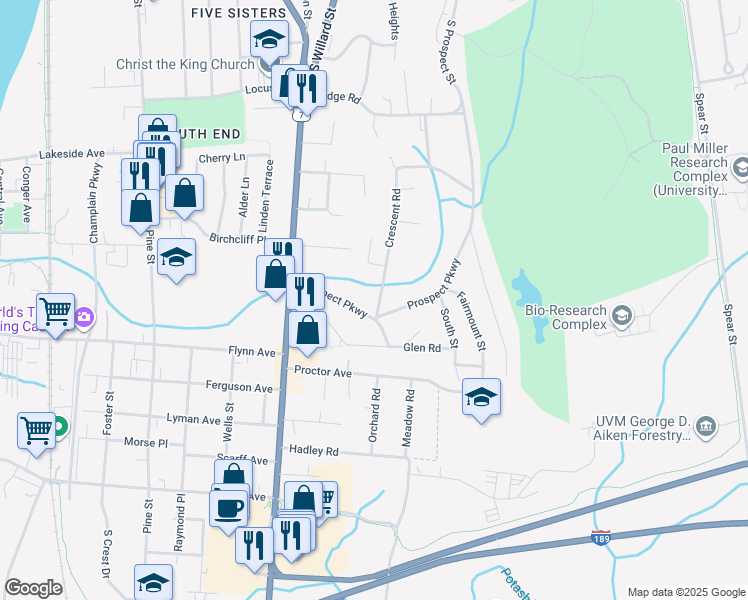 map of restaurants, bars, coffee shops, grocery stores, and more near 25 Crescent Road in Burlington