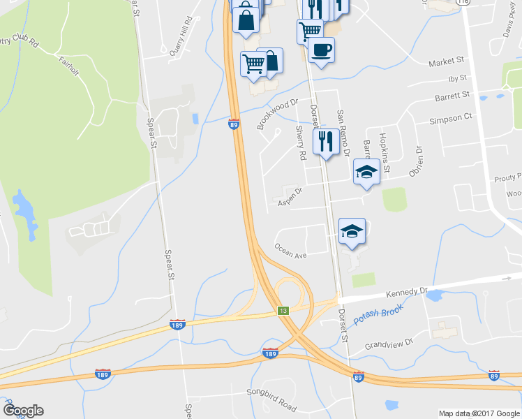 map of restaurants, bars, coffee shops, grocery stores, and more near 117 Oakwood Drive in South Burlington
