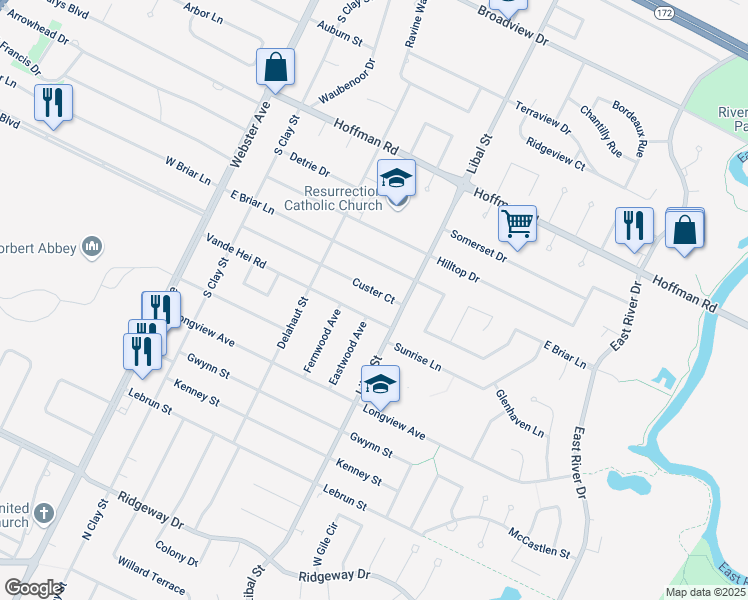 map of restaurants, bars, coffee shops, grocery stores, and more near 414 Custer Court in Green Bay