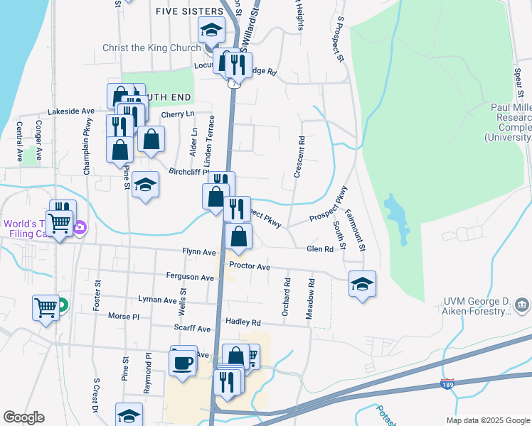 map of restaurants, bars, coffee shops, grocery stores, and more near 60 Prospect Pkwy in Burlington