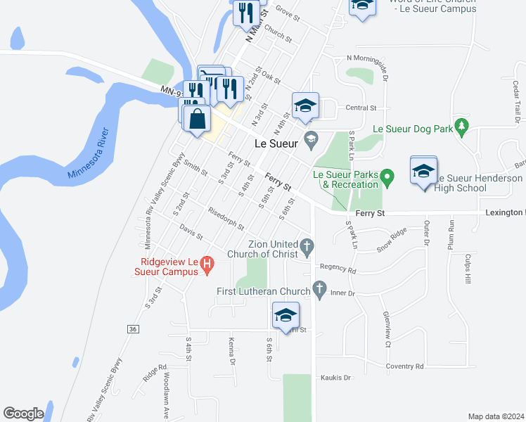 map of restaurants, bars, coffee shops, grocery stores, and more near 500 Smith Street in Le Sueur