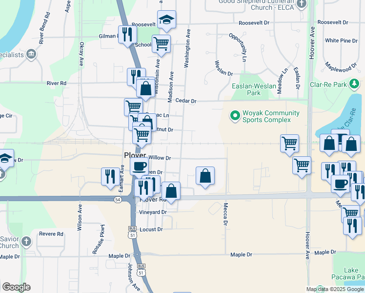 map of restaurants, bars, coffee shops, grocery stores, and more near 2610 Washington Avenue in Plover