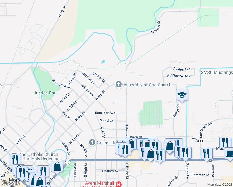 map of restaurants, bars, coffee shops, grocery stores, and more near 1008 North 4th Street in Marshall