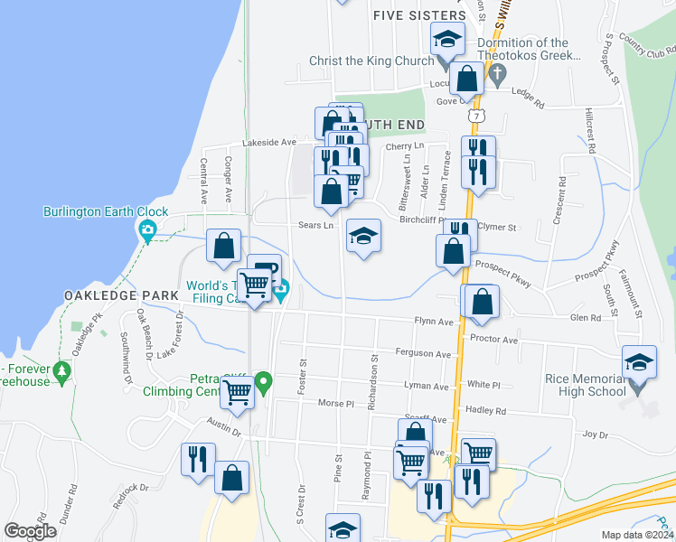 map of restaurants, bars, coffee shops, grocery stores, and more near 809 Pine Street in Burlington