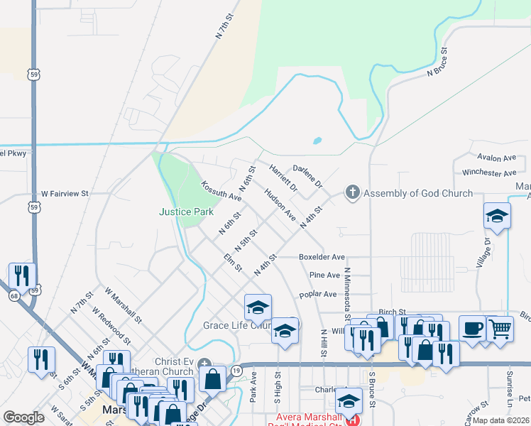 map of restaurants, bars, coffee shops, grocery stores, and more near 901 North 5th Street in Marshall