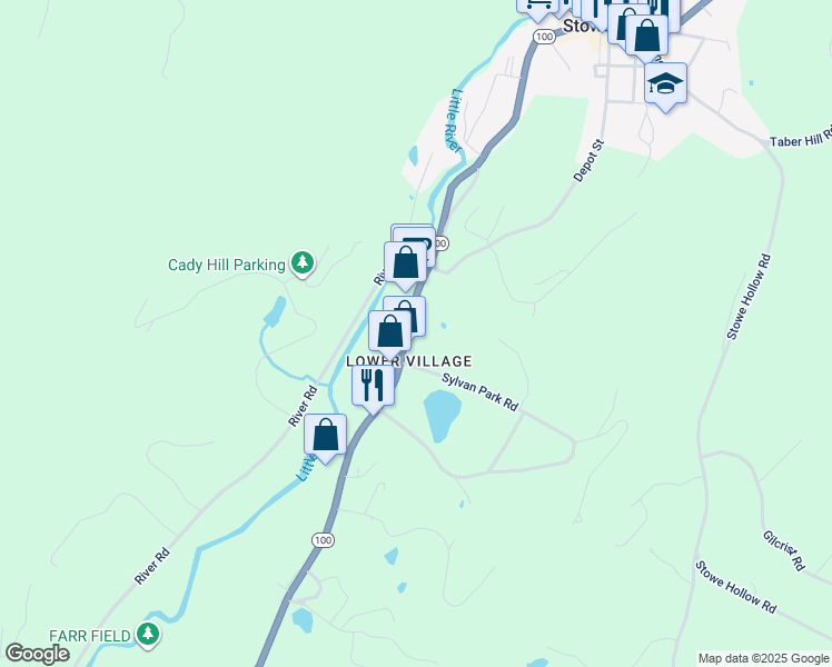 map of restaurants, bars, coffee shops, grocery stores, and more near 709 South Main Street in Stowe