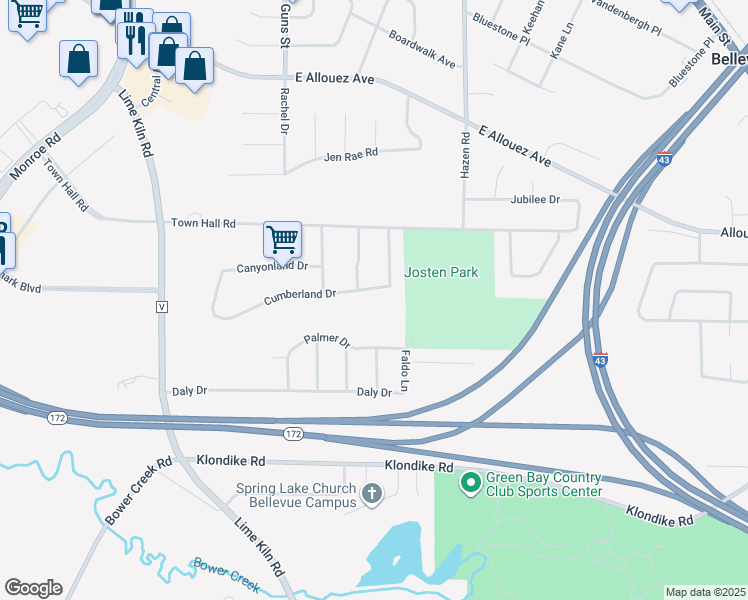map of restaurants, bars, coffee shops, grocery stores, and more near 2222 Cumberland Drive in Green Bay