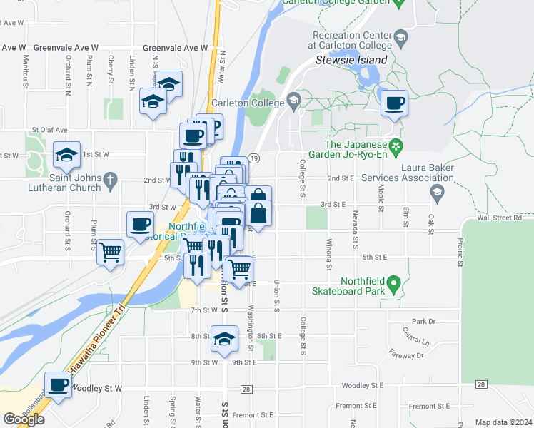 map of restaurants, bars, coffee shops, grocery stores, and more near 300 Union St in Northfield