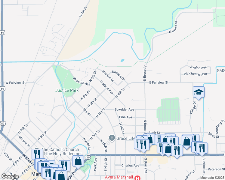 map of restaurants, bars, coffee shops, grocery stores, and more near 406 Hudson Avenue in Marshall