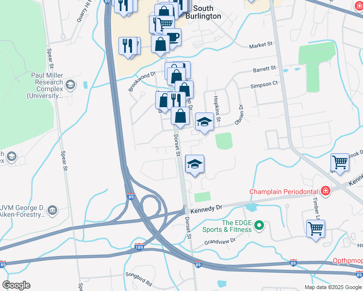 map of restaurants, bars, coffee shops, grocery stores, and more near 400 Dorset Street in South Burlington