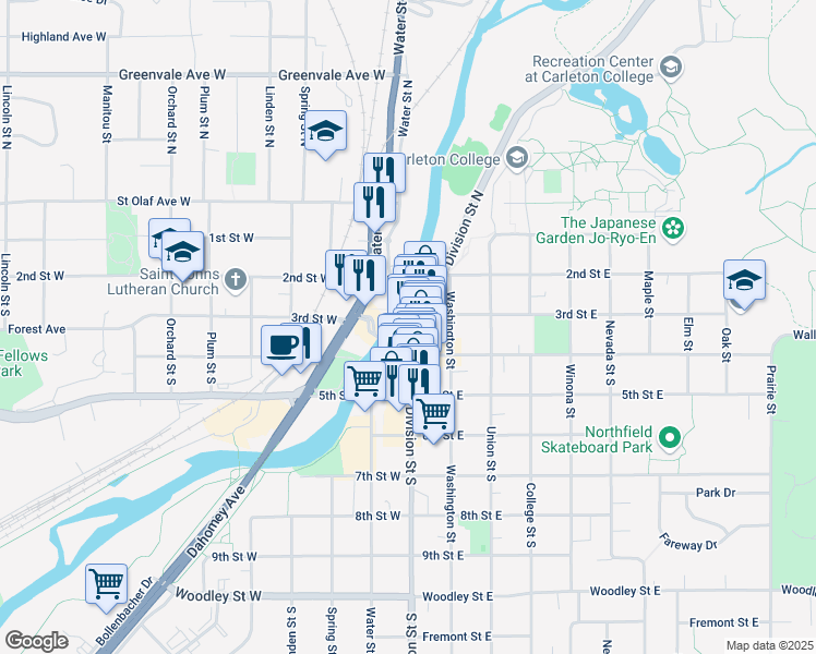 map of restaurants, bars, coffee shops, grocery stores, and more near 312 Division Street South in Northfield