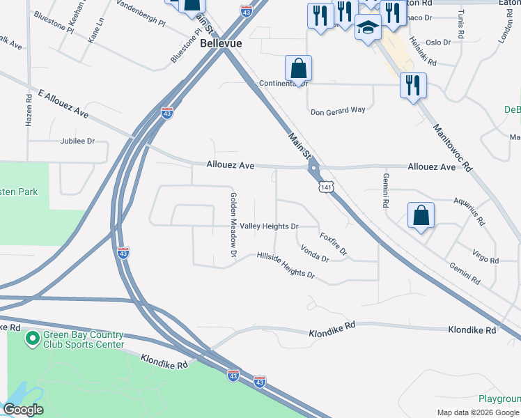 map of restaurants, bars, coffee shops, grocery stores, and more near 2419 Curtis Court in Green Bay
