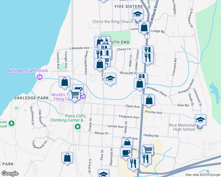 map of restaurants, bars, coffee shops, grocery stores, and more near 800 Pine Street in Burlington