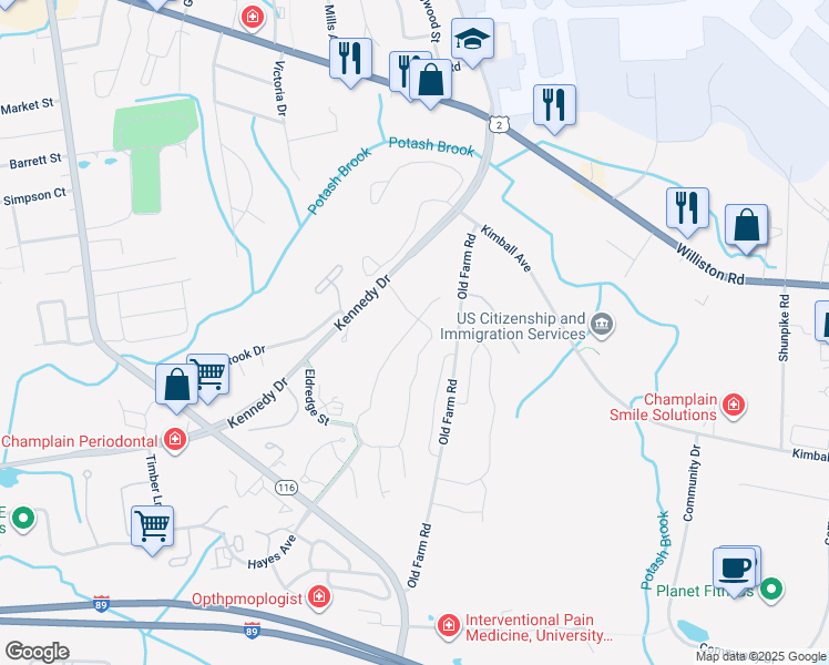 map of restaurants, bars, coffee shops, grocery stores, and more near Two Brothers Drive in South Burlington