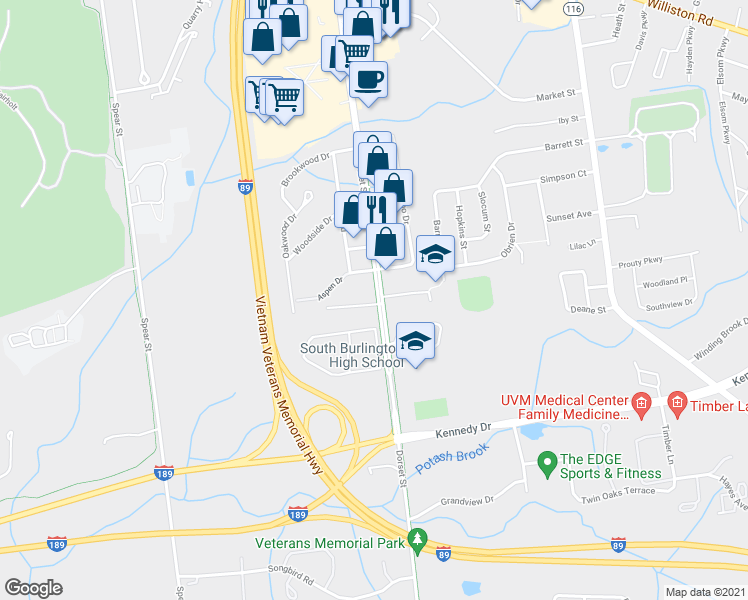 map of restaurants, bars, coffee shops, grocery stores, and more near 400 Dorset Street in South Burlington